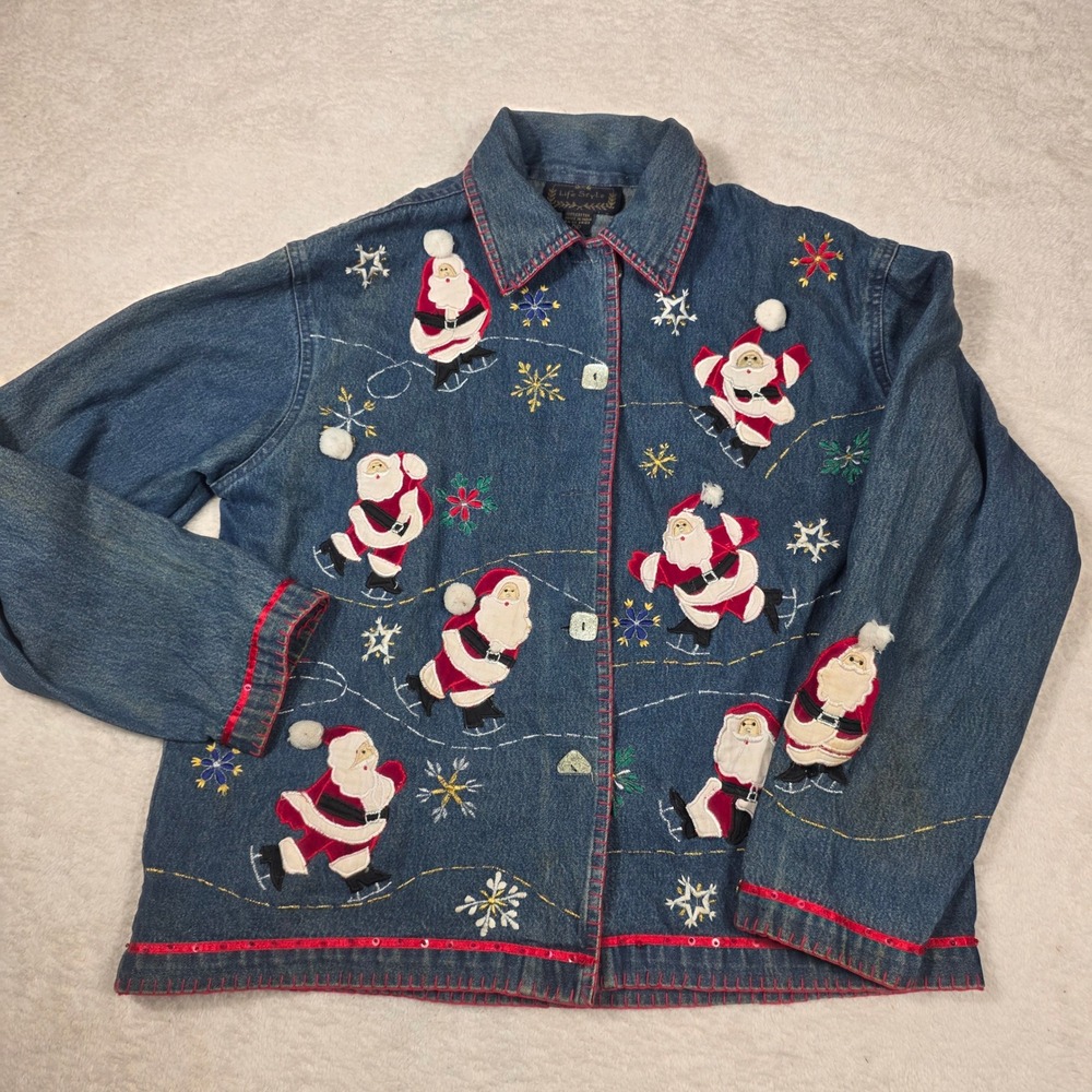 Life‎ Style Denim Jacket Women Medium Blue Santa Christmas Embroidery Vintage
